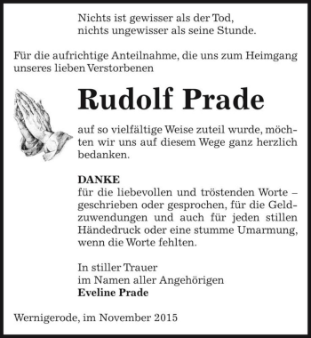 Traueranzeige von Rudolf Prade  von Magdeburger Volksstimme