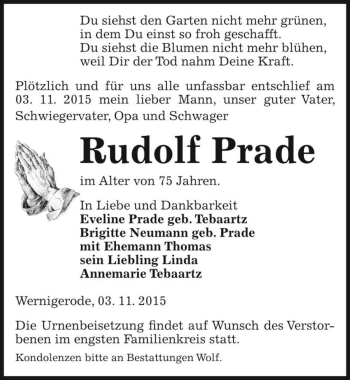 Traueranzeige von Rudolf Prade  von Magdeburger Volksstimme