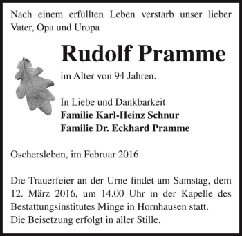 Traueranzeige von Rudolf Pramme  von Magdeburger Volksstimme