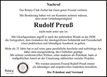 Traueranzeige von Rudolf Preuß  von Magdeburger Volksstimme