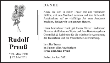 Traueranzeige von Rudolf Preuß  von Magdeburger Volksstimme