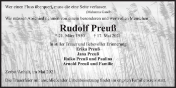 Traueranzeige von Rudolf Preuß  von Magdeburger Volksstimme