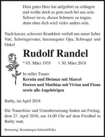 Traueranzeige von Rudolf Randel  von Magdeburger Volksstimme