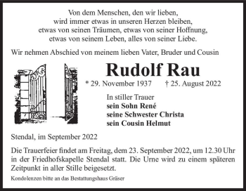 Traueranzeige von Rudolf Rau  von Magdeburger Volksstimme