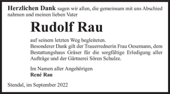 Traueranzeige von Rudolf Rau  von Magdeburger Volksstimme
