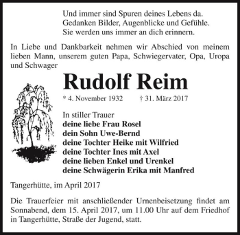 Traueranzeige von Rudolf Reim  von Magdeburger Volksstimme