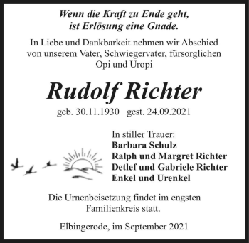 Traueranzeige von Rudolf Richter  von Magdeburger Volksstimme