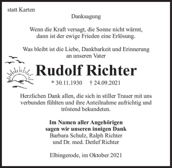 Traueranzeige von Rudolf Richter  von Magdeburger Volksstimme