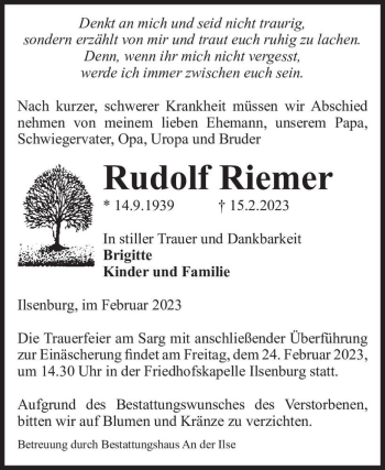 Traueranzeige von Rudolf Riemer  von Magdeburger Volksstimme