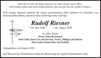 Traueranzeige von Rudolf Riesner  von Magdeburger Volksstimme