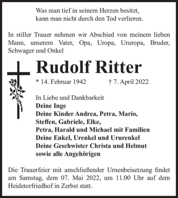 Traueranzeige von Rudolf Ritter  von Magdeburger Volksstimme