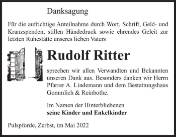 Traueranzeige von Rudolf Ritter  von Magdeburger Volksstimme