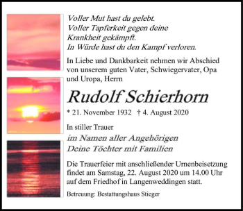 Traueranzeige von Rudolf Schierhorn  von Magdeburger Volksstimme