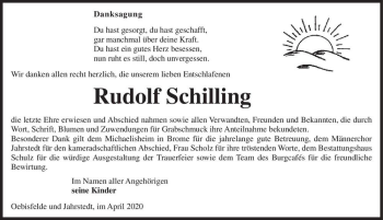 Traueranzeige von Rudolf Schilling  von Magdeburger Volksstimme