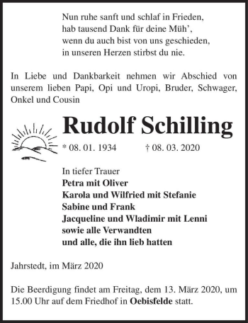 Traueranzeige von Rudolf Schilling  von Magdeburger Volksstimme
