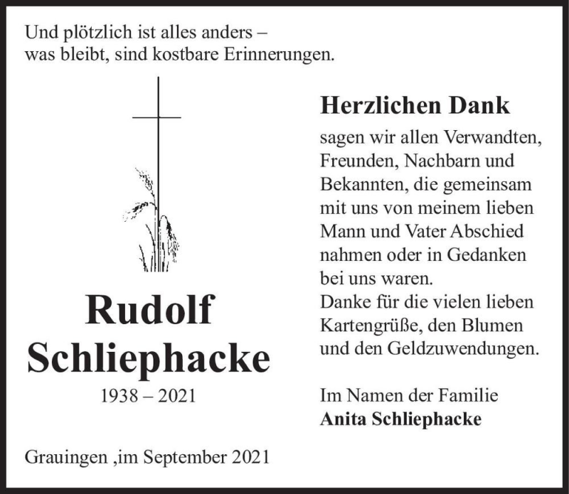  Traueranzeige für Rudolf Schliephacke  vom 25.09.2021 aus Magdeburger Volksstimme