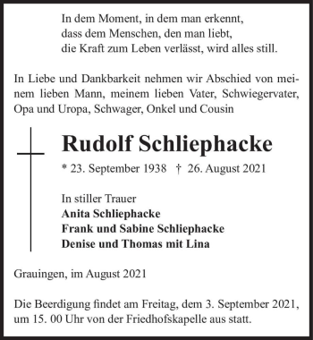 Traueranzeige von Rudolf Schliephacke  von Magdeburger Volksstimme