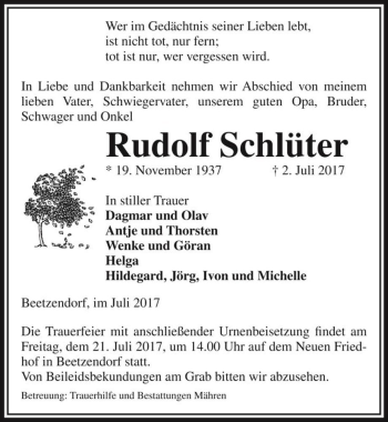 Traueranzeige von Rudolf Schlüter  von Magdeburger Volksstimme