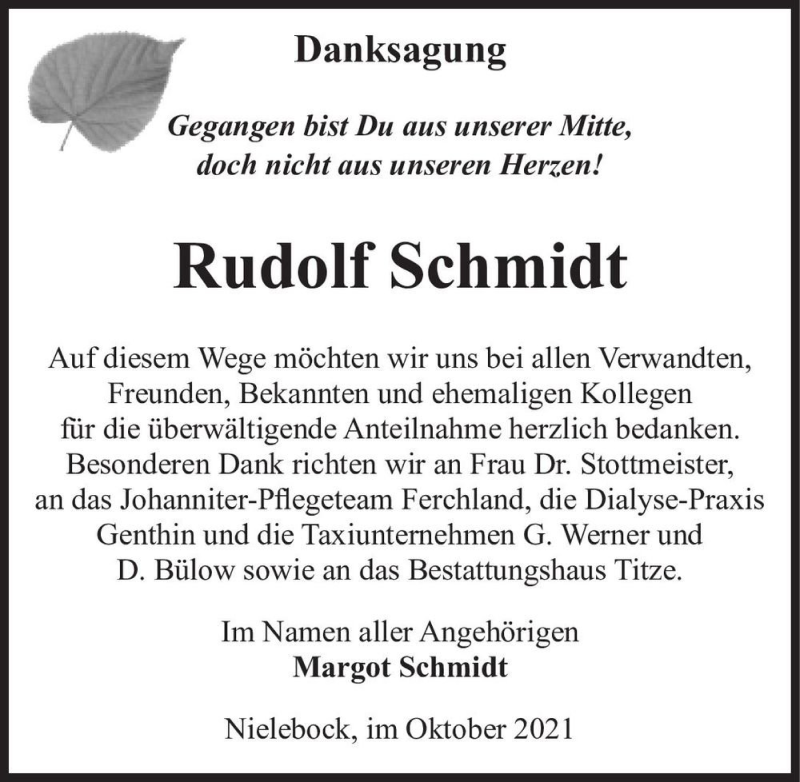  Traueranzeige für Rudolf Schmidt  vom 23.10.2021 aus Magdeburger Volksstimme