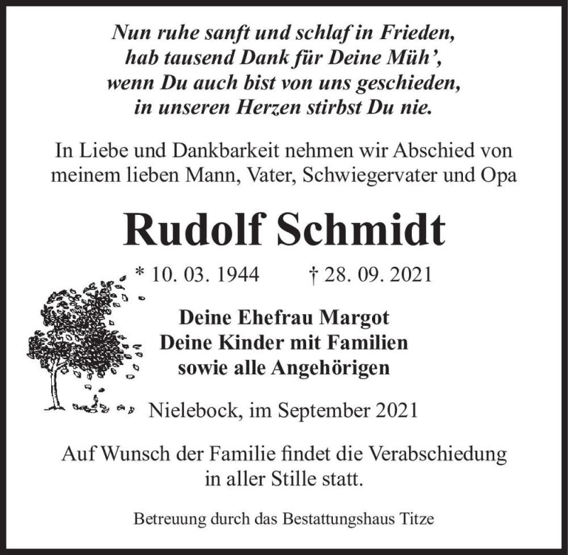  Traueranzeige für Rudolf Schmidt  vom 02.10.2021 aus Magdeburger Volksstimme