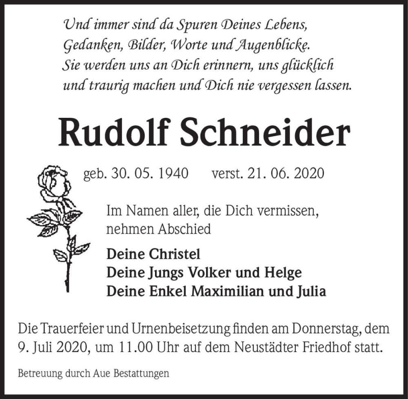 Traueranzeige für Rudolf Schneider  vom 27.06.2020 aus Magdeburger Volksstimme