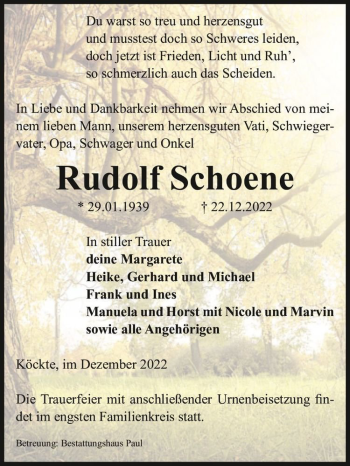 Traueranzeige von Rudolf Schoene  von Magdeburger Volksstimme