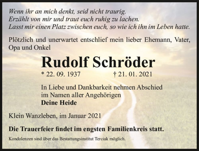  Traueranzeige für Rudolf Schröder  vom 23.01.2021 aus Magdeburger Volksstimme