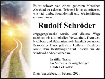 Traueranzeige von Rudolf Schröder  von Magdeburger Volksstimme