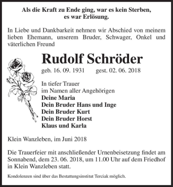 Traueranzeige von Rudolf Schröder  von Magdeburger Volksstimme