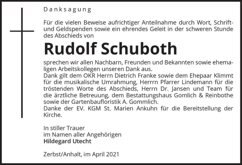  Traueranzeige für Rudolf Schuboth  vom 08.05.2021 aus Magdeburger Volksstimme