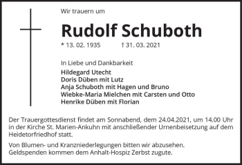 Traueranzeige von Rudolf Schuboth  von Magdeburger Volksstimme