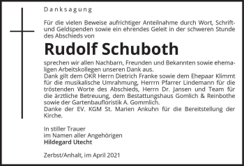 Traueranzeige von Rudolf Schuboth  von Magdeburger Volksstimme