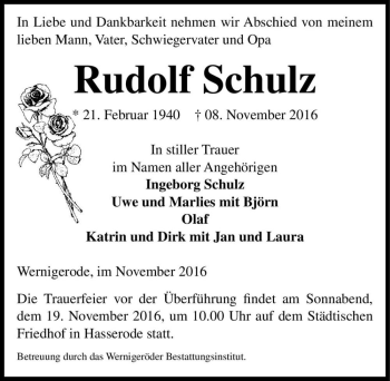Traueranzeige von Rudolf Schulz  von Magdeburger Volksstimme