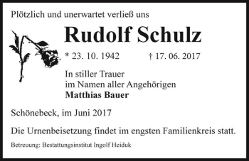 Traueranzeige von Rudolf Schulz  von Magdeburger Volksstimme