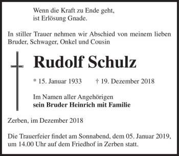 Traueranzeige von Rudolf Schulz  von Magdeburger Volksstimme