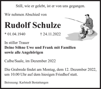 Traueranzeige von Rudolf Schulze  von Magdeburger Volksstimme