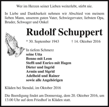 Traueranzeige von Rudolf Schuppert  von Magdeburger Volksstimme