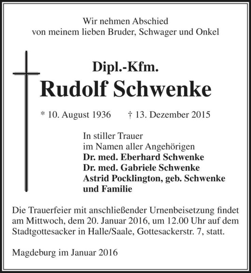  Traueranzeige für Rudolf Schwenke  vom 02.01.2016 aus Magdeburger Volksstimme