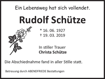 Traueranzeige von Rudolf Schütze  von Magdeburger Volksstimme