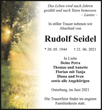 Traueranzeige von Rudolf Seidel  von Magdeburger Volksstimme