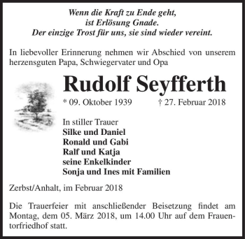 Traueranzeige von Rudolf Seyfferth  von Magdeburger Volksstimme