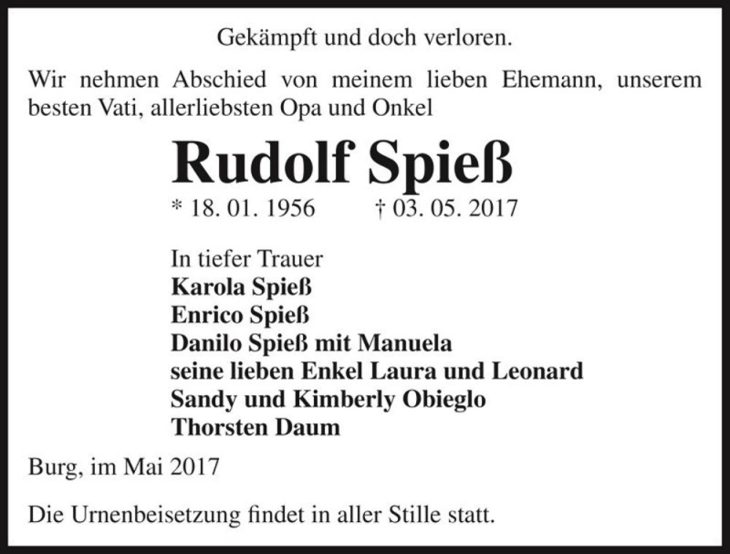  Traueranzeige für Rudolf Spieß  vom 06.05.2017 aus Magdeburger Volksstimme