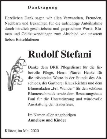 Traueranzeige von Rudolf Stefani  von Magdeburger Volksstimme