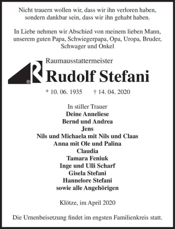 Traueranzeige von Rudolf Stefani  von Magdeburger Volksstimme