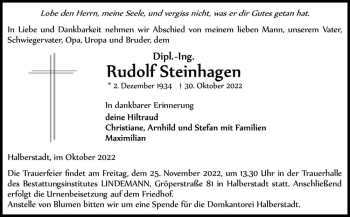 Traueranzeige von Rudolf Steinhagen  von Magdeburger Volksstimme