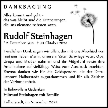 Traueranzeige von Rudolf Steinhagen  von Magdeburger Volksstimme