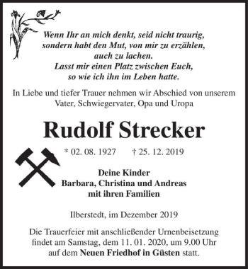 Traueranzeige von Rudolf Strecker  von Magdeburger Volksstimme