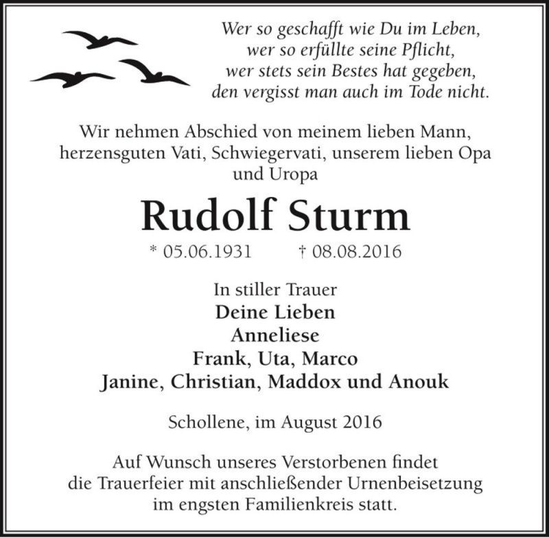  Traueranzeige für Rudolf Sturm  vom 12.08.2016 aus Magdeburger Volksstimme