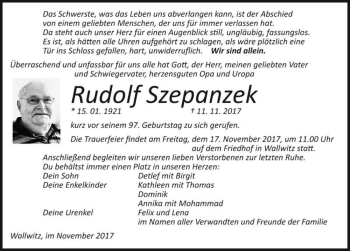 Traueranzeige von Rudolf Szepanzek  von Magdeburger Volksstimme