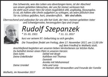 Traueranzeige von Rudolf Szepanzek  von Magdeburger Volksstimme